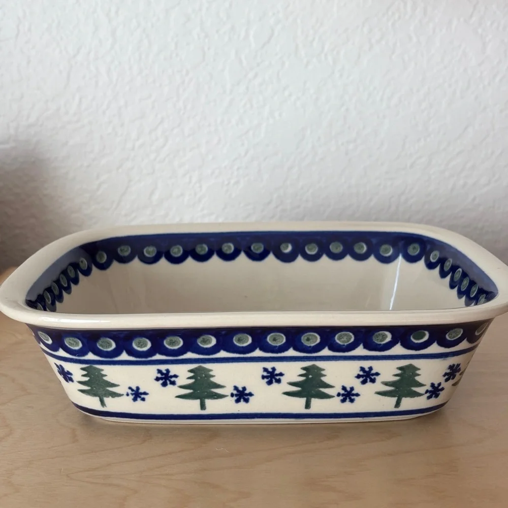 POLISH POTTERY Christmas Tree Rectangle Bread Casserole Dish Handmade in Poland